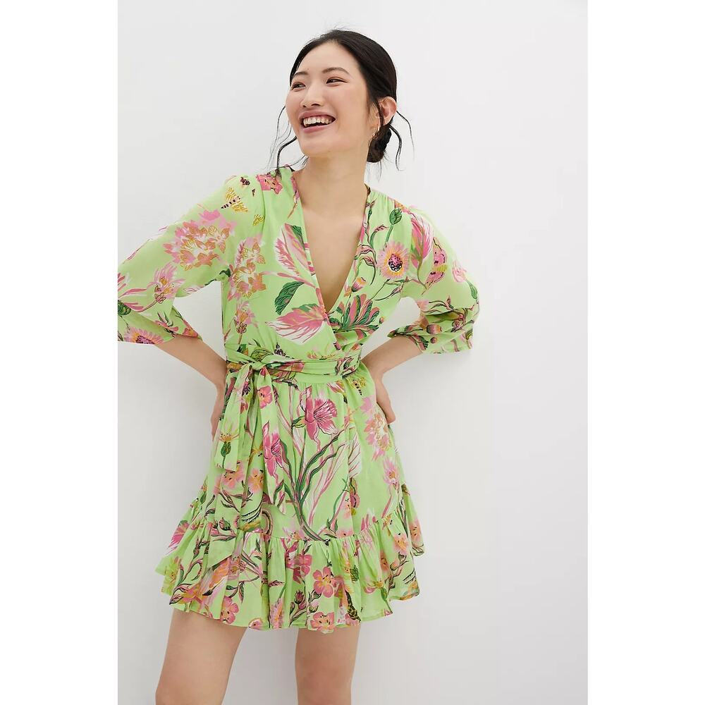 Anthropologie Banjanan Lime Green Floral Wrap Mini Dress